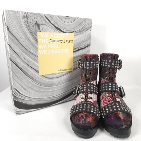 NWB JEFFREY CAMPBELL SLAM-2ST Red Grey Floral Silver Studded Buckle‎ Boots Sz 6M - Picture 1 of 16